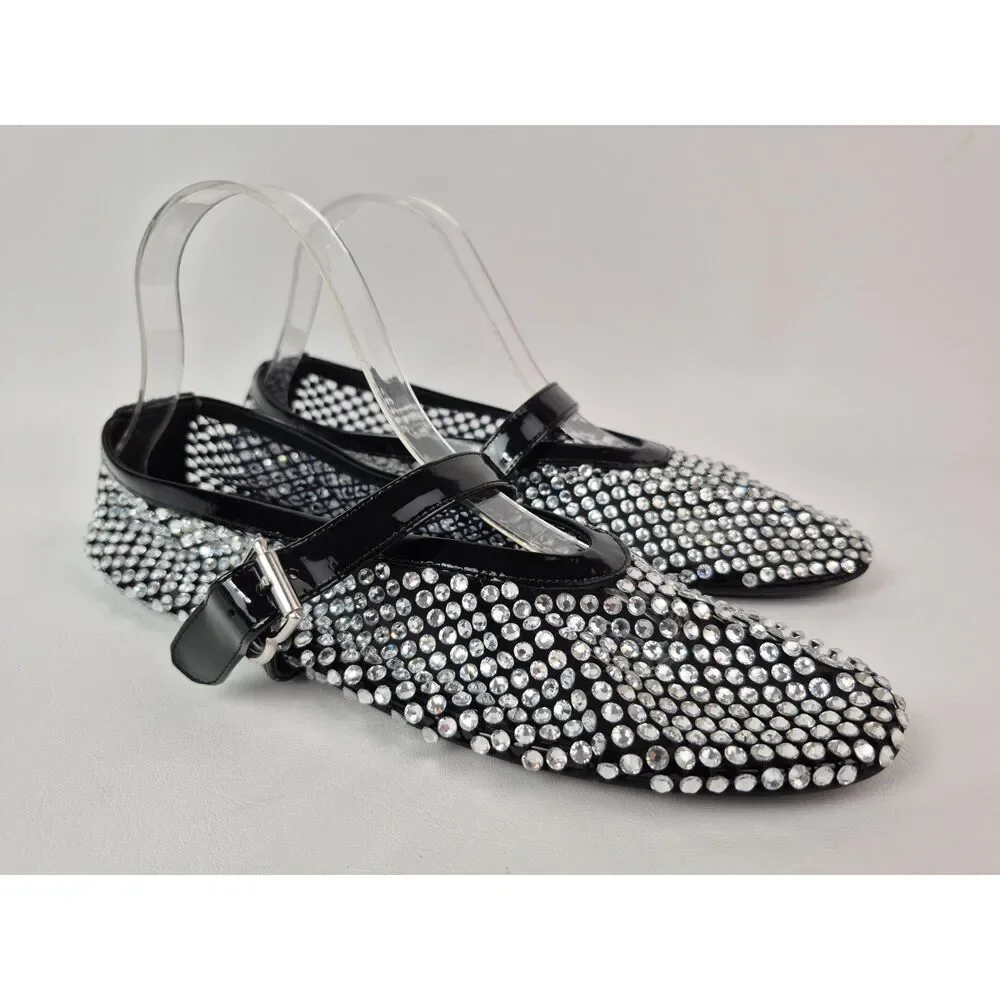 Alaïa Womens Black Crystal Embellished Mesh Patent Ballerina Flats Size 42 Alaia
